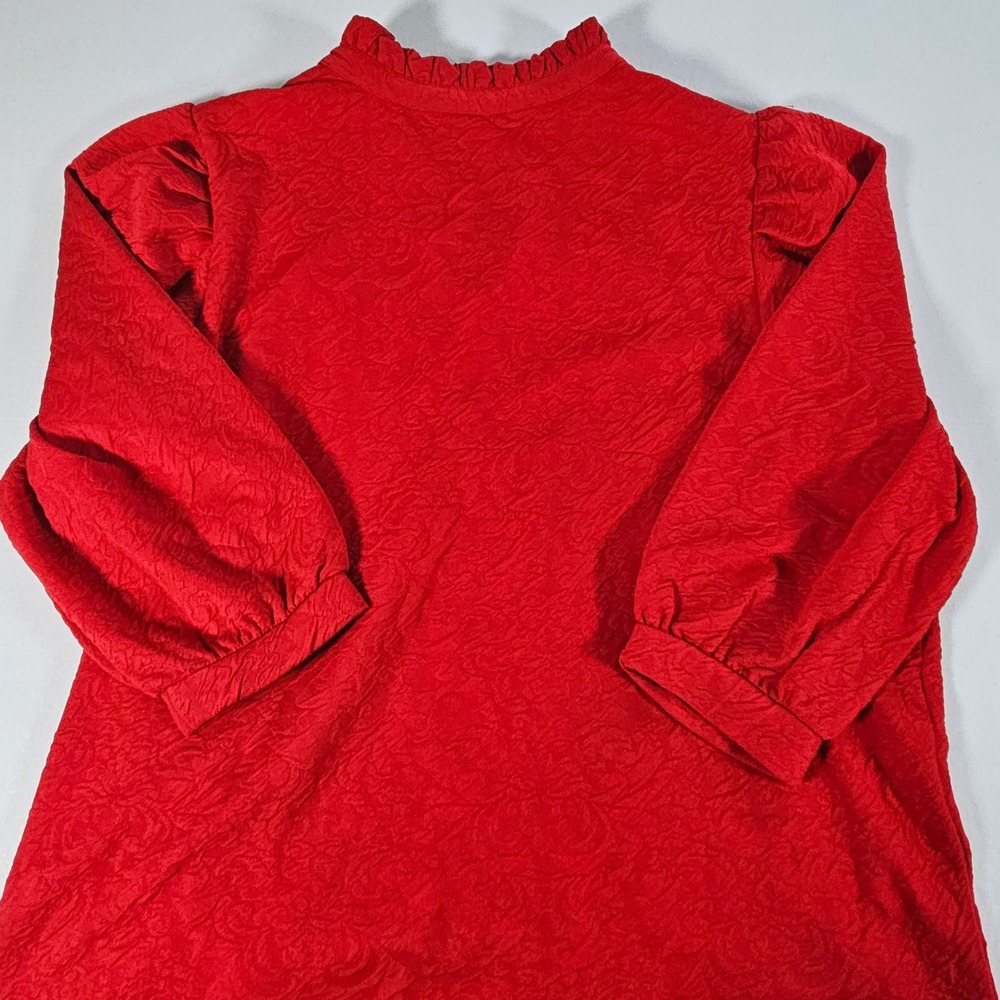 Crown & Ivy Red Jacquard Ruffle Neck Puff Sleeve Blouse Plus Size 3X NEW - Picture 9 of 11